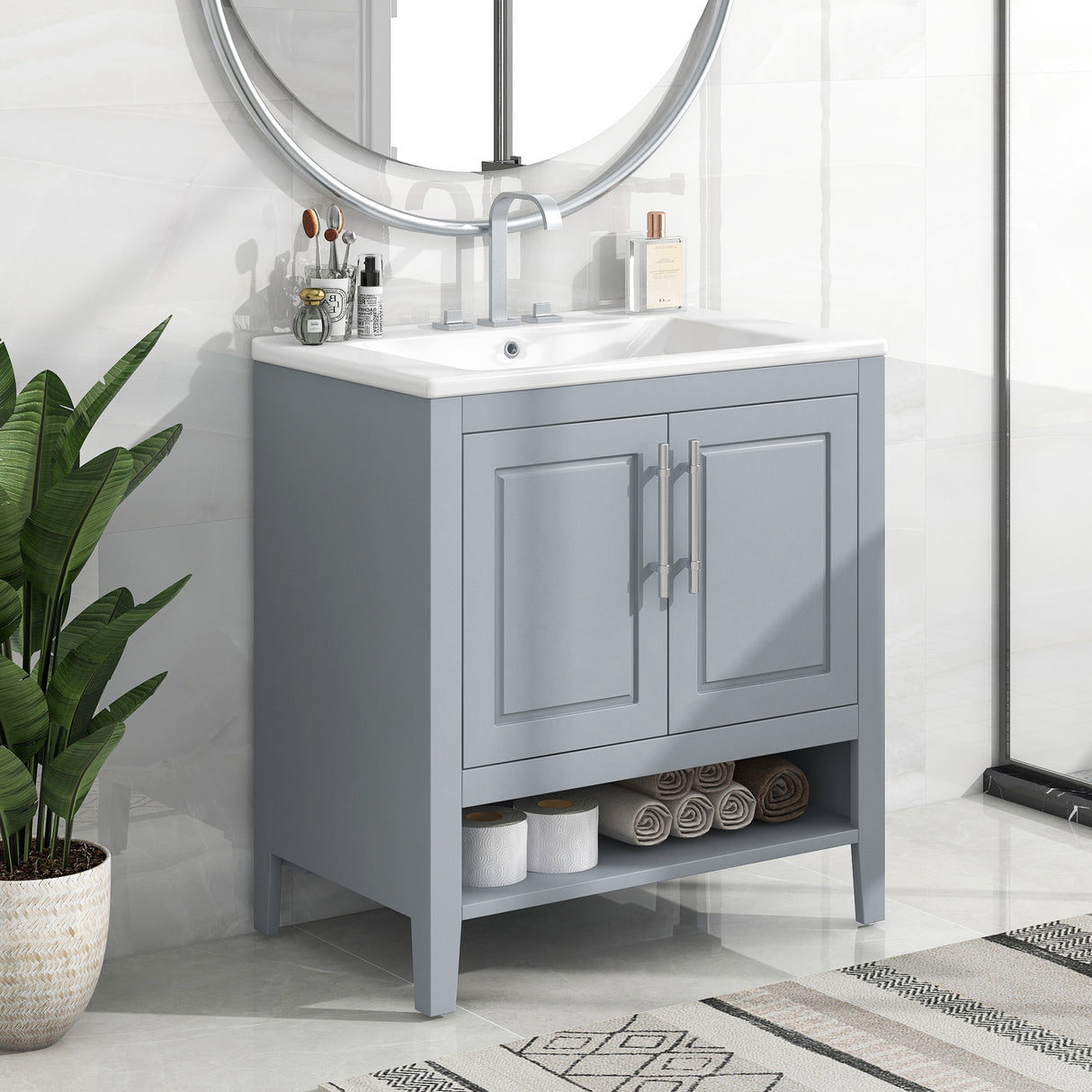 30" Bathroom Vanity with Sink, Multi-functional Bathroom Cabinet with Doors and Drawers, Solid Frame and MDF Board, Grey - V.I.P Digital Presence