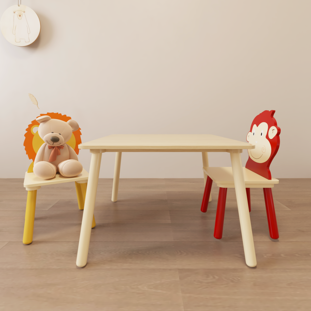 Kids Table and 2 Chairs Set 3 Pieces Toddler Table and Chair Set Wooden Activity Play Table Set (Lion&Monkey) - V.I.P Digital Presence