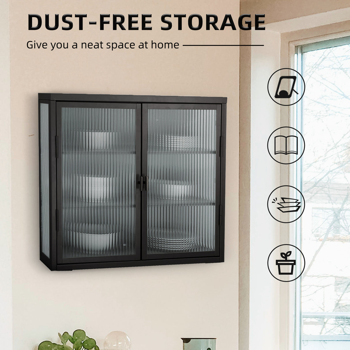 Retro Style Haze Double Glass Door Wall Cabinet With Detachable Shelves for Office Dining Room Living Room