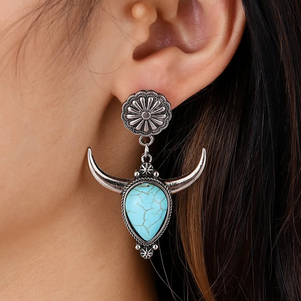 Artificial Turquoise Alloy Cow Head Earrings - V.I.P Digital Presence