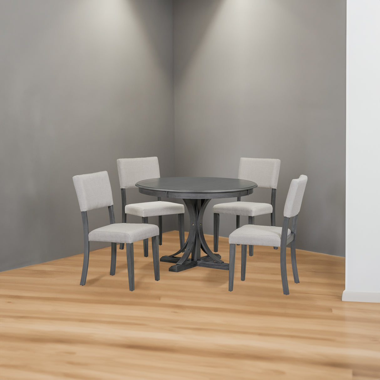 TREXM Five Piece Retro Round Dining Table Set with Curved Brackets and 4 Restaurant Cushioned Chairs (Dark Gray)