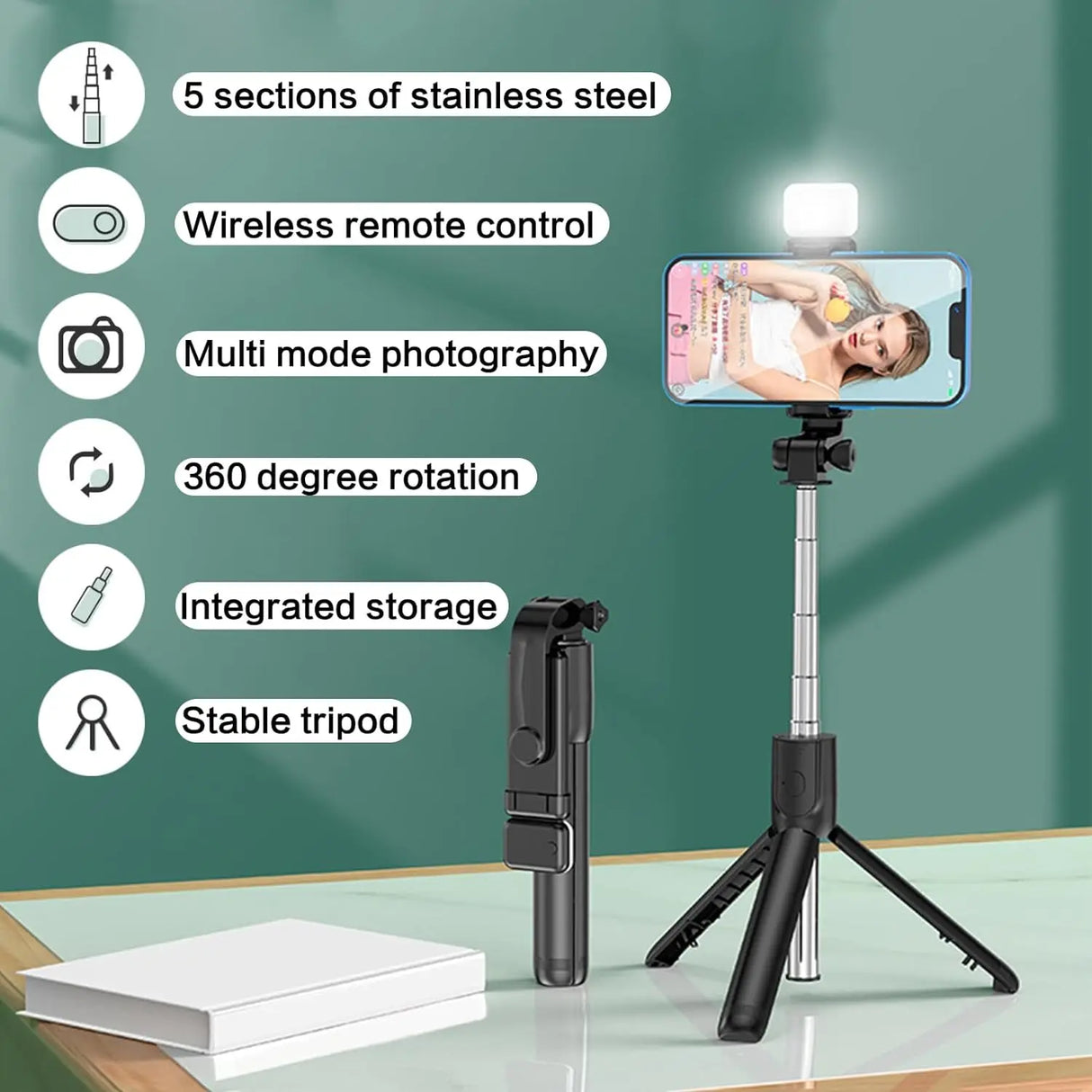 Selfie Stick with Fill Light Extendable Selfie Stick Tripod with Wireless Remote and Phone Holder Group Selfies For All phones - V.I.P Digital Presence