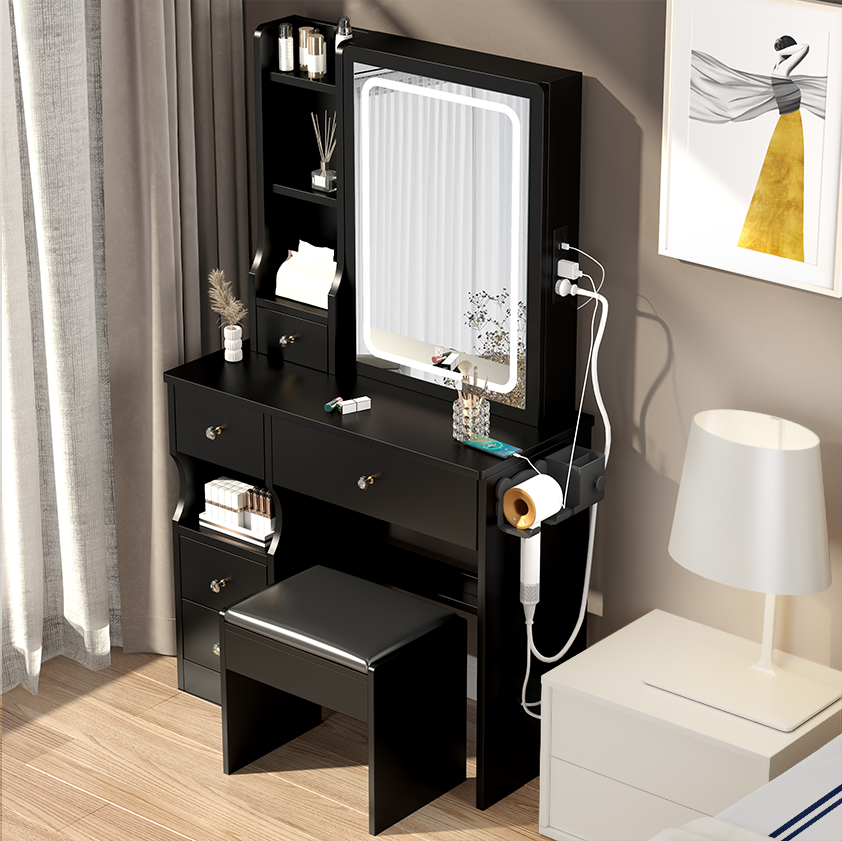 Left drawer desktop vanity+cushioned stool, 2 AC+2 USB power stations, touch sliding LED mirror, tri color switch - V.I.P Digital Presence