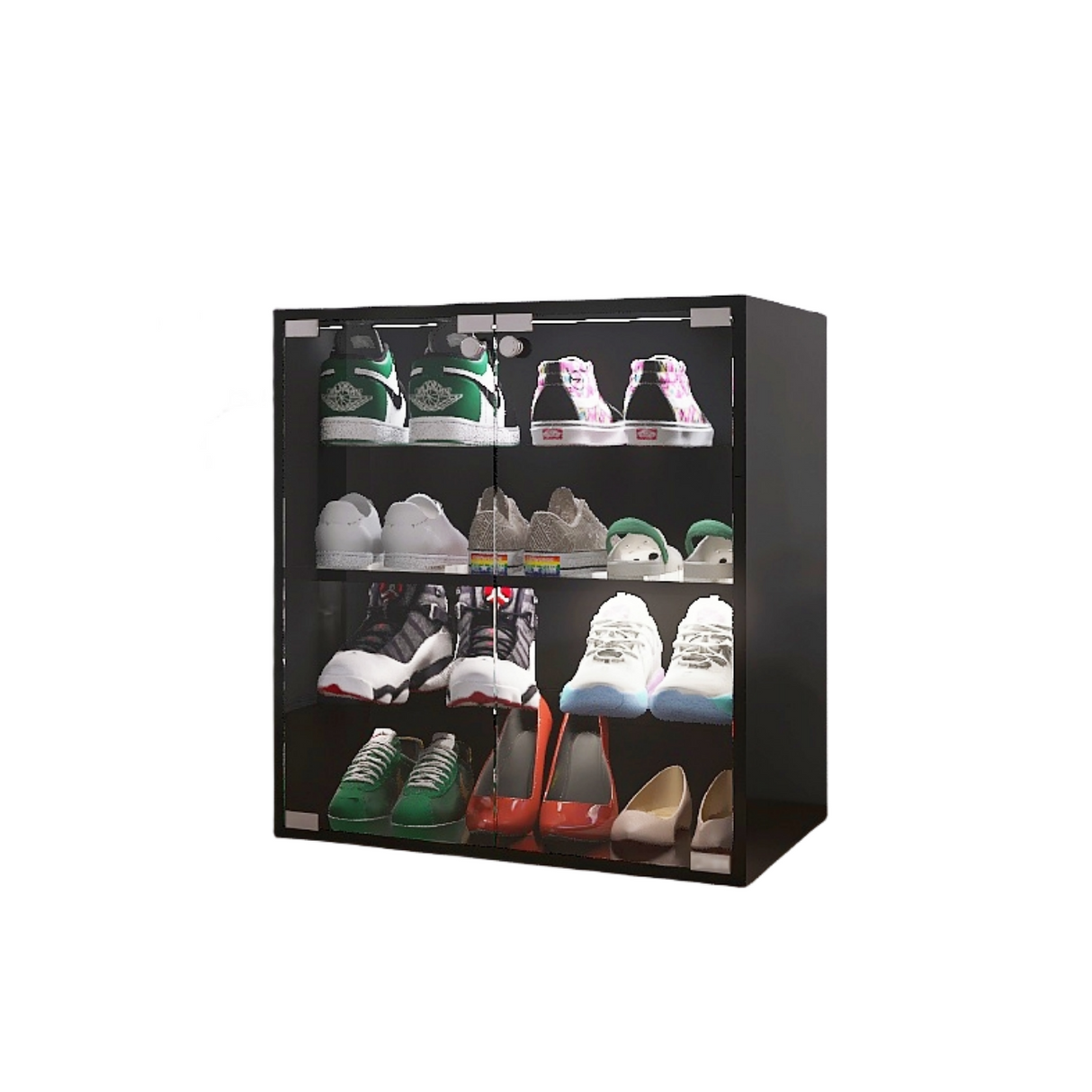4 Layers Black Shoe Cabinet with Glass Door and Glass Layer Shoes Display Cabinet with LED light Bluetooth Control - V.I.P Digital Presence