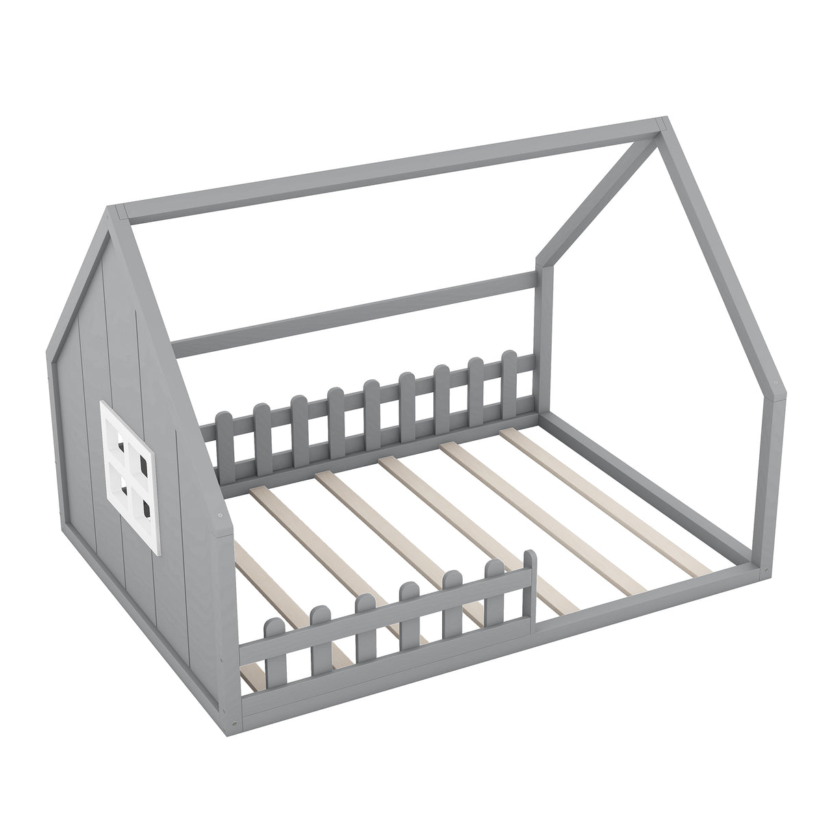 Full Size Wood House Bed with Window and Fence Gray