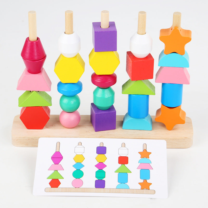 Wooden children's puzzle bead toys with five sets of column colors, sensory enlightenment, shape perception, and building block toys - V.I.P Digital Presence