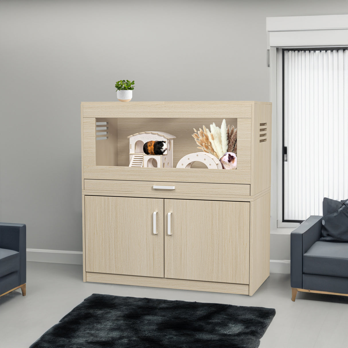 Squirrel cage acrylic panel with independent storage cabinet and wooden guinea pig room with bridge (L 31.50 x W 15.75 x H32.28) - V.I.P Digital Presence