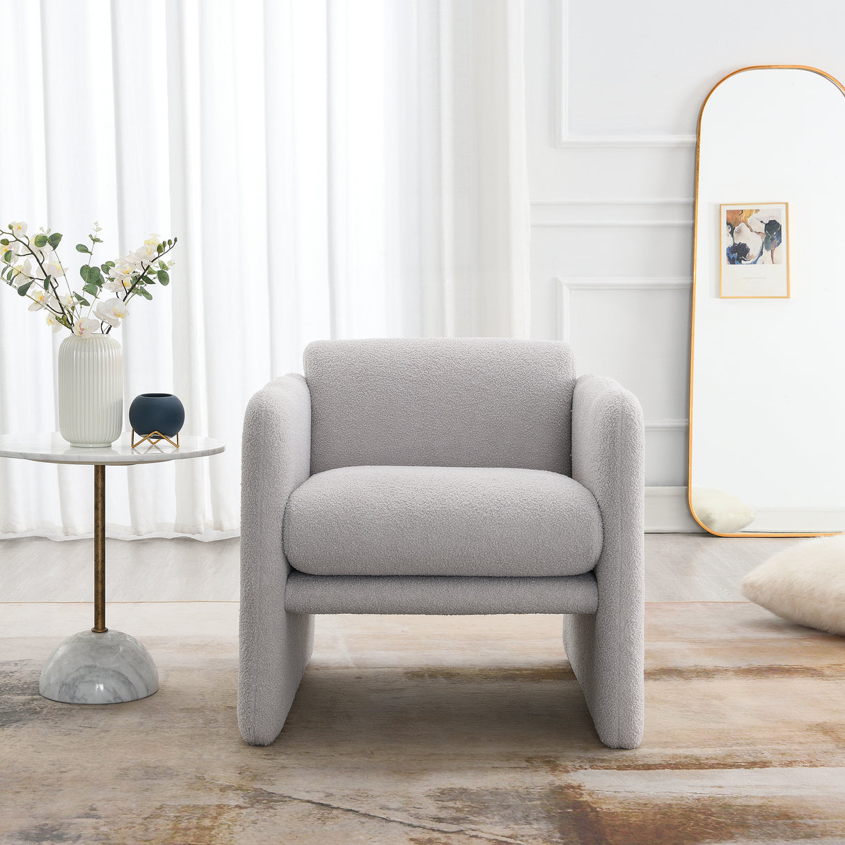 Armchair with wavy armrests, metal decorations on both sides of the armrests, made of Teddy cloth, light gray - V.I.P Digital Presence