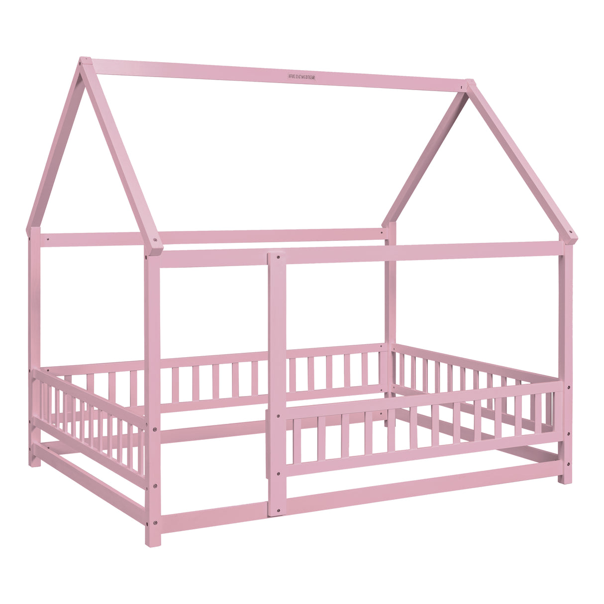 Full Size Floor Wooden Bed with House Roof Frame, Fence Guardrails ,Pink - V.I.P Digital Presence