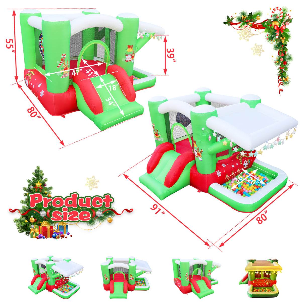 Christmas Jump 'n Slide Inflatable Bouncer for Kids Complete Setup with Blower - 80" x 91" Play Area - 55" Tall - V.I.P Digital Presence