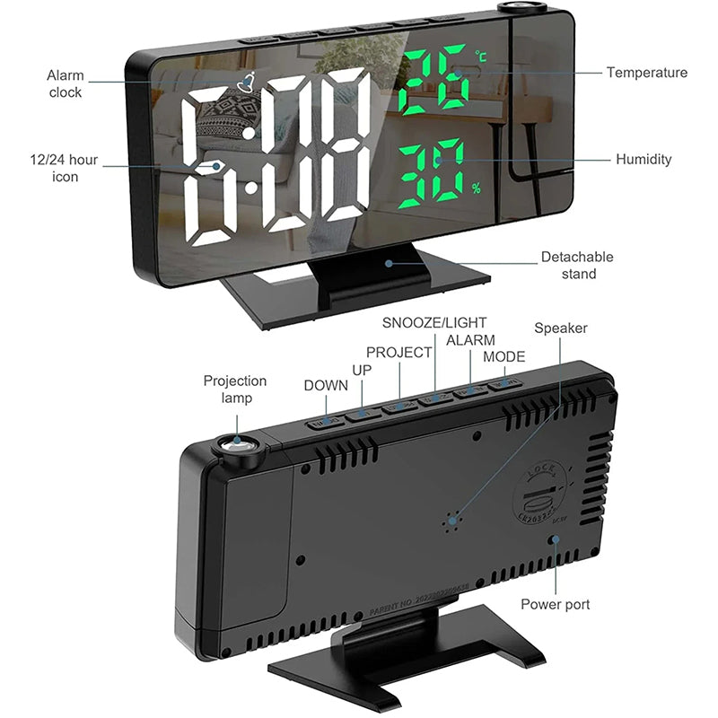 Home LED Projection Alarm Clock - Time, Temp Display, Backlight, Snooze - V.I.P Digital Presence
