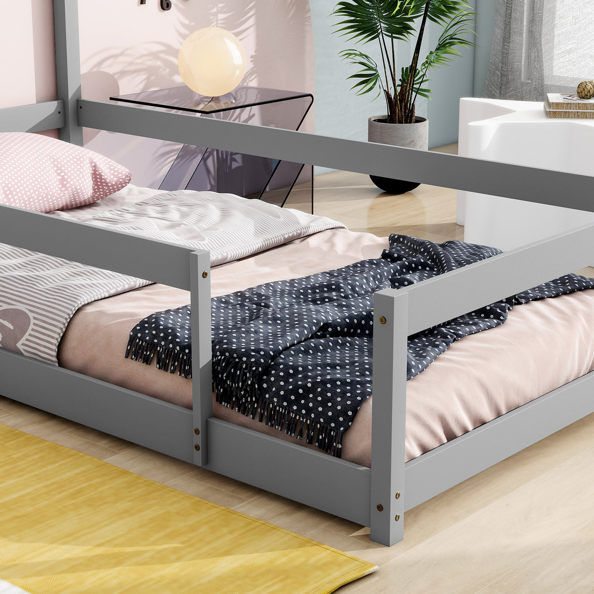 Twin Size Wood bed with House-shaped Headboard Floor bed with Fences,Grey - V.I.P Digital Presence