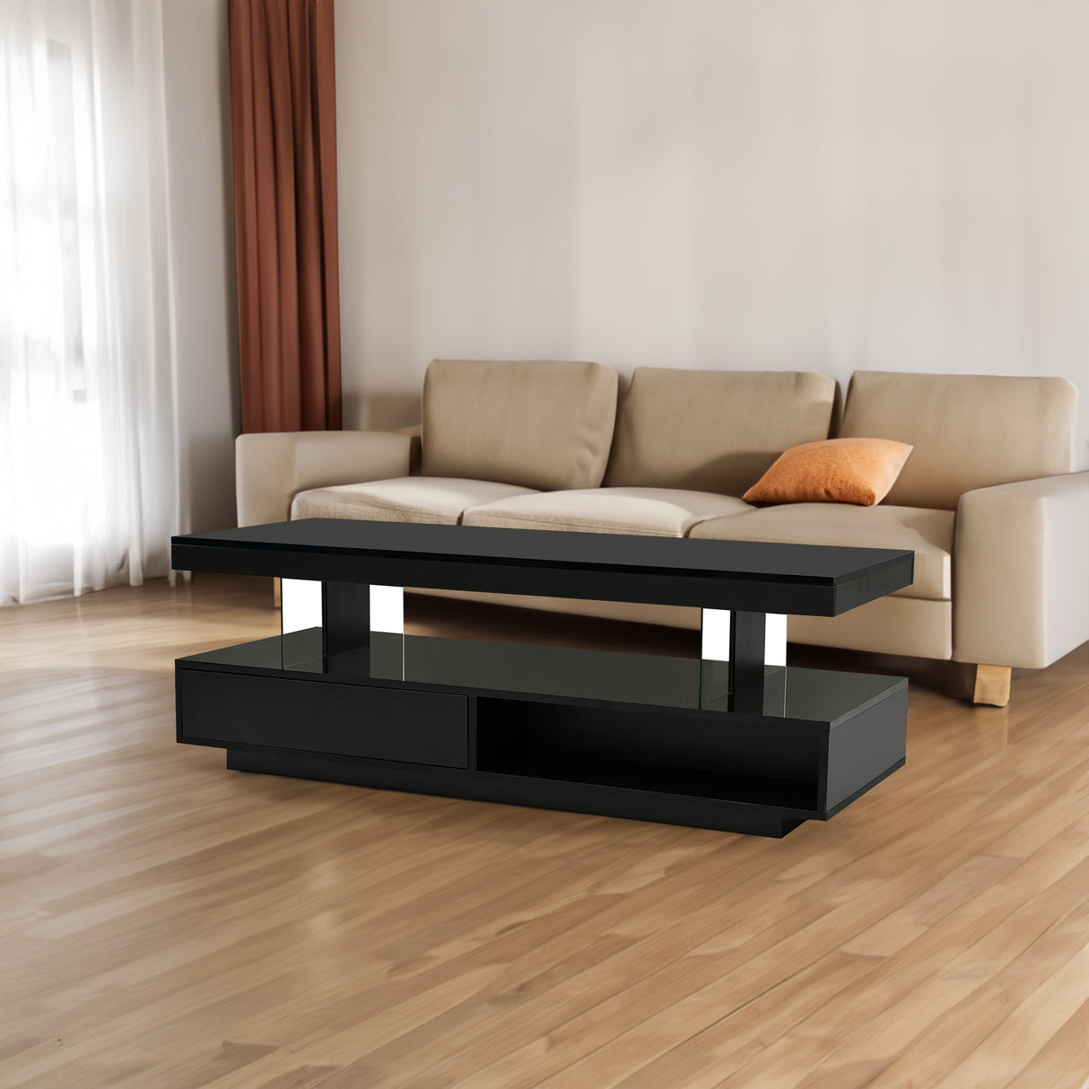 U-Can LED coffee table with storage space, modern central table with 2 drawers and display rack, equipped with LED lights, black - V.I.P Digital Presence