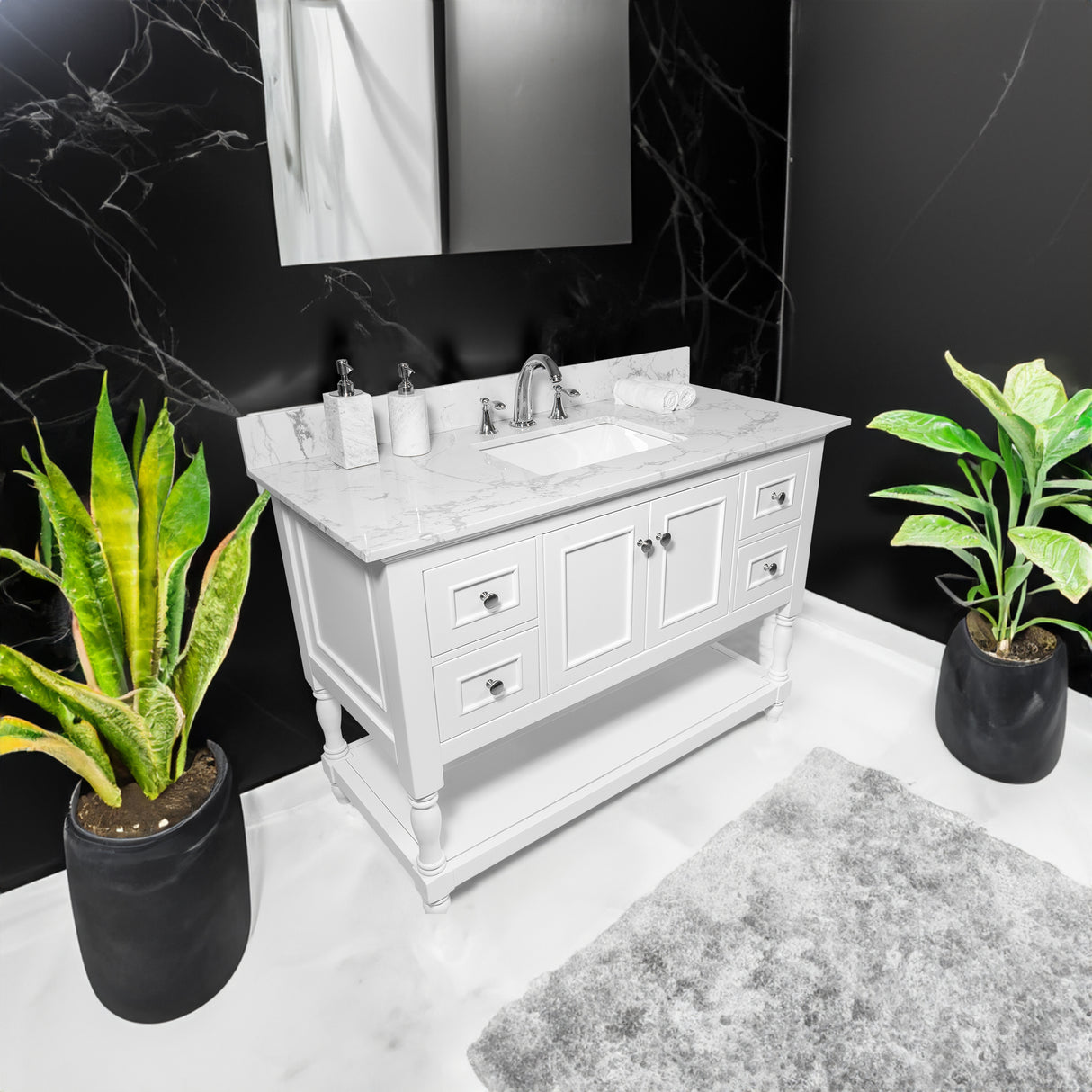 Montary 43x22 bathroom stone vanity top engineered stone carrara white marble color with rectangle undermount ceramic sink and 3 faucet hole with back splash