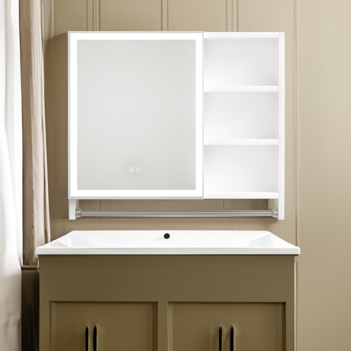 Modern 32x28 inch bathroom storage cabinet with mirrors, LED lights, multi-layer storage compartments, and towel racks - V.I.P Digital Presence