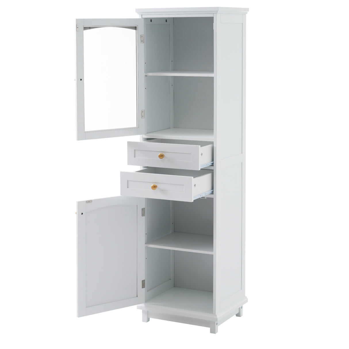 High bathroom storage cabinet with glass door, freestanding, two drawers and adjustable shelves, MDF board, painted white - V.I.P Digital Presence