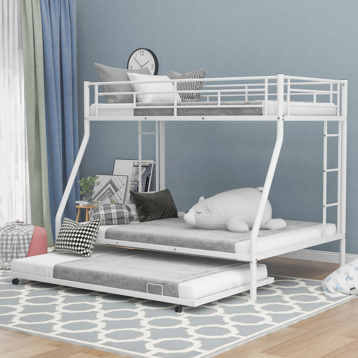 Twin over Full Bed with Sturdy Steel Frame Bunk Bed with Twin Size Trundle Two-Side Ladders White
