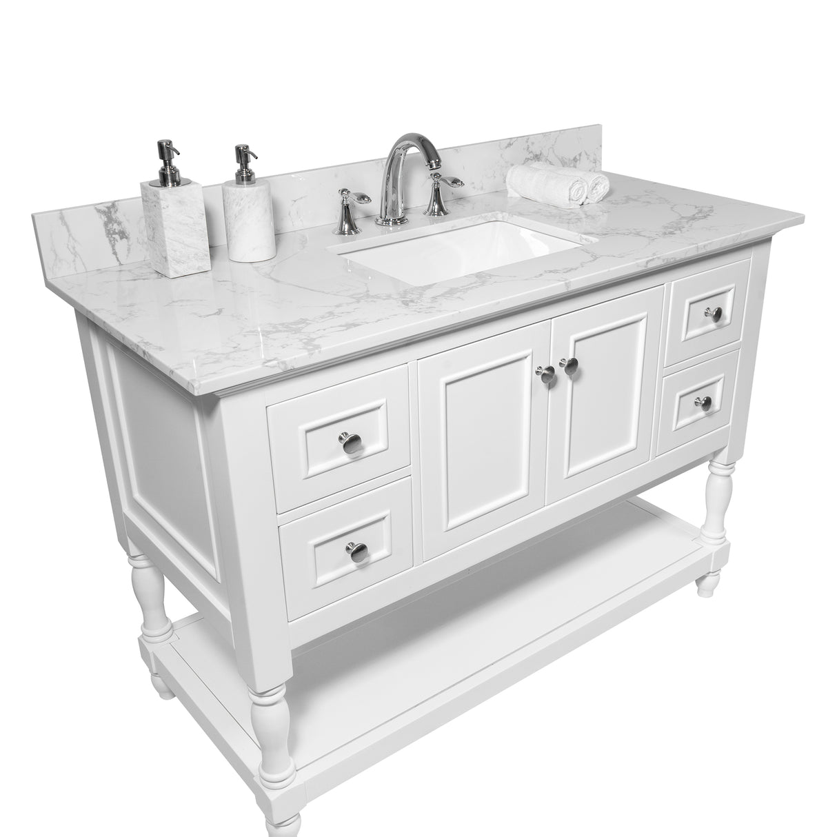 Montary 43x22 bathroom stone vanity top engineered stone carrara white marble color with rectangle undermount ceramic sink and 3 faucet hole with back splash