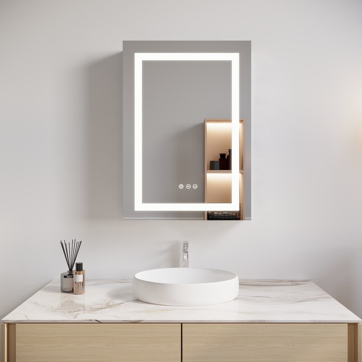 26x20 inch Bathroom Medicine Cabinet with LED Mirror, Anti-Fog, Waterproof3000K~6000K Single Door Lighted Bathroom Cabinet with Touch SwichDimmable Recessed or Surface Mount (Right Door) - V.I.P Digital Presence