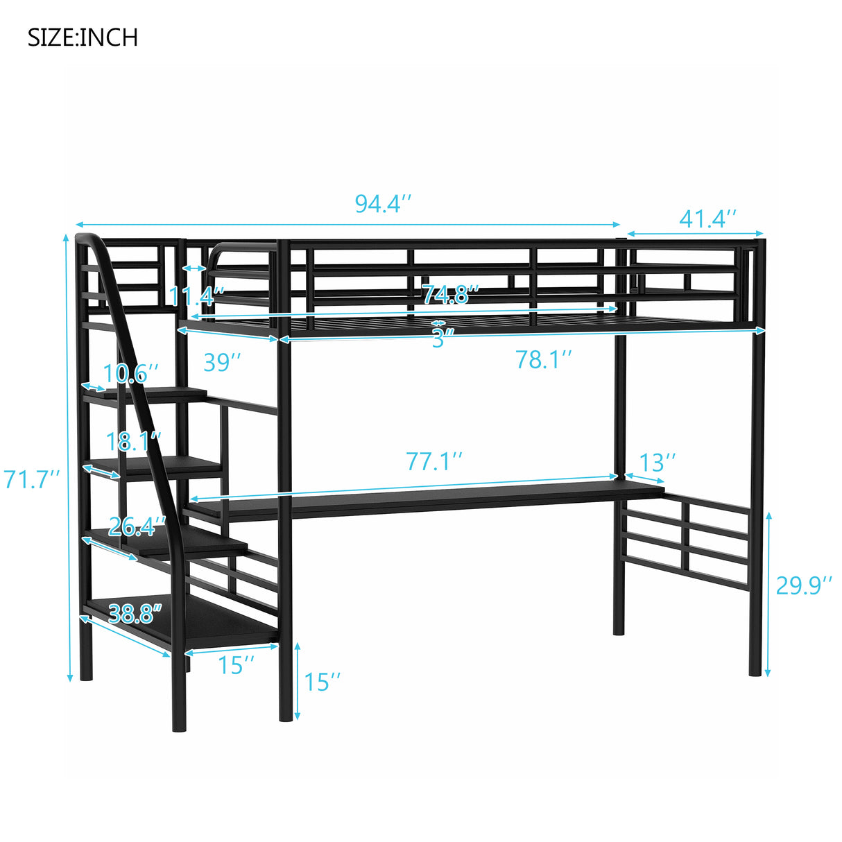 Metal Loft Bed Frame with Desk No Box Spring Needed Twin Black