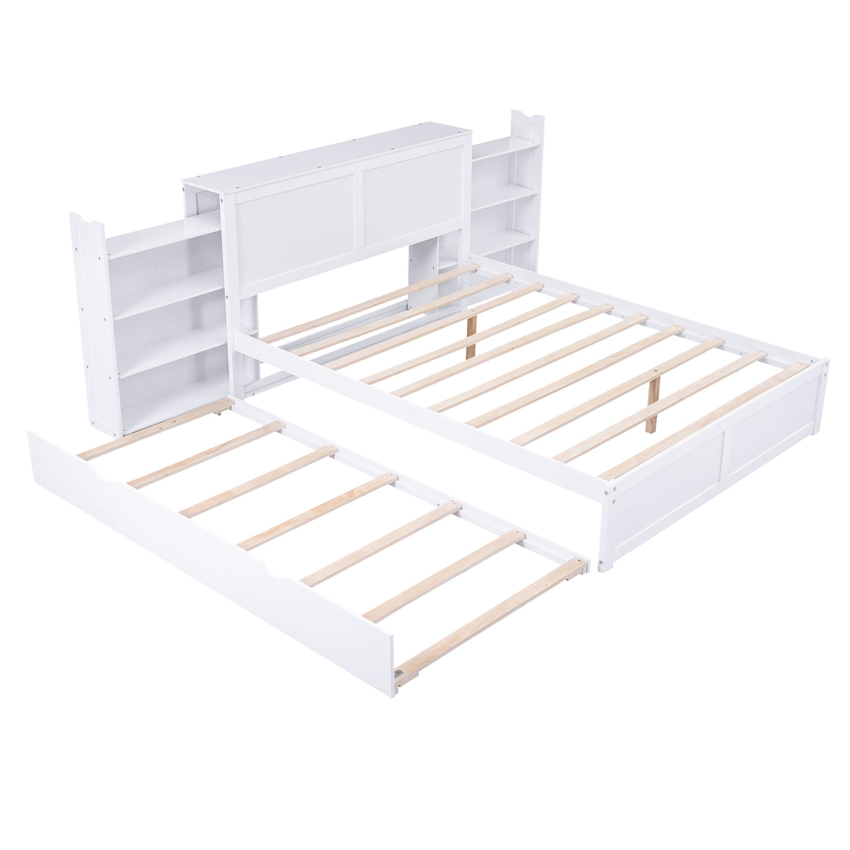 Queen Size Storage Platform Bed with Pull Out Shelves and Twin XL Size Trundle White