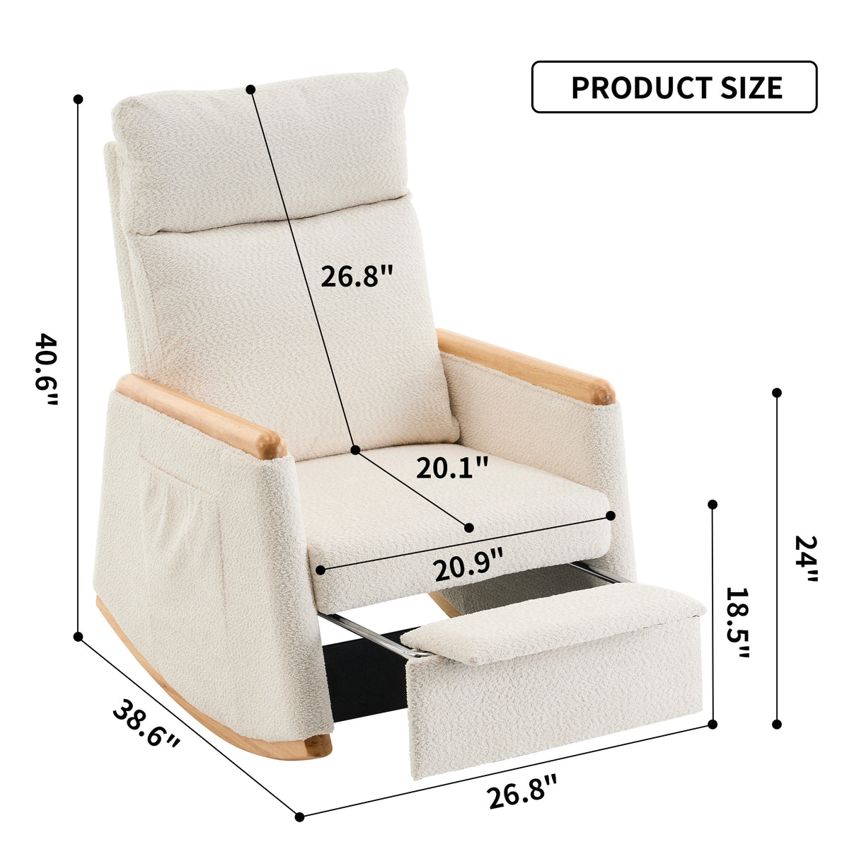 Accent Rocking Chair with Footrest High Back Rubber Wood Rocking Legs Bedroom Living Space 38.6D X 26.8W X 40.6H Inch - V.I.P Digital Presence