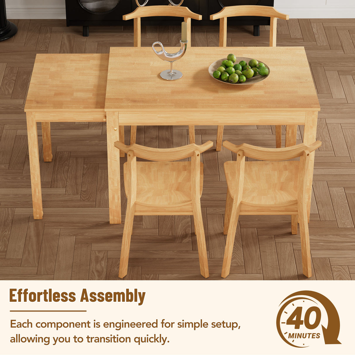 TOPMAX 65 "5-piece set with wheels, expandable dining table set, 17.7" pull-out side table and small dining chairs, natural