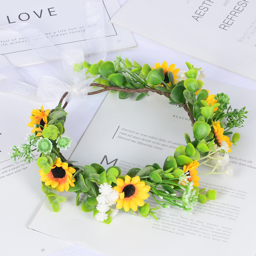 Girl Spring Outing Wreath Headwear Simulation Eucalyptus Starry Sky False Sunflower Children's Wreath - V.I.P Digital Presence