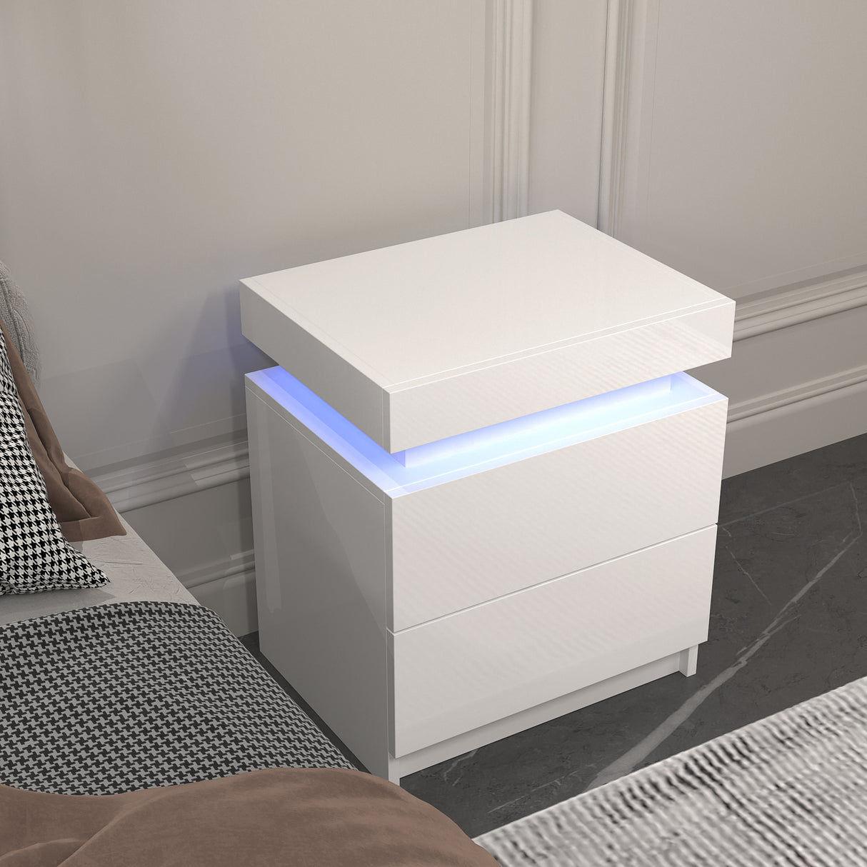 Modern white Nightstand With 2 Storage Drawers,Led Lights, End Table For Bedroom Furniture - V.I.P Digital Presence