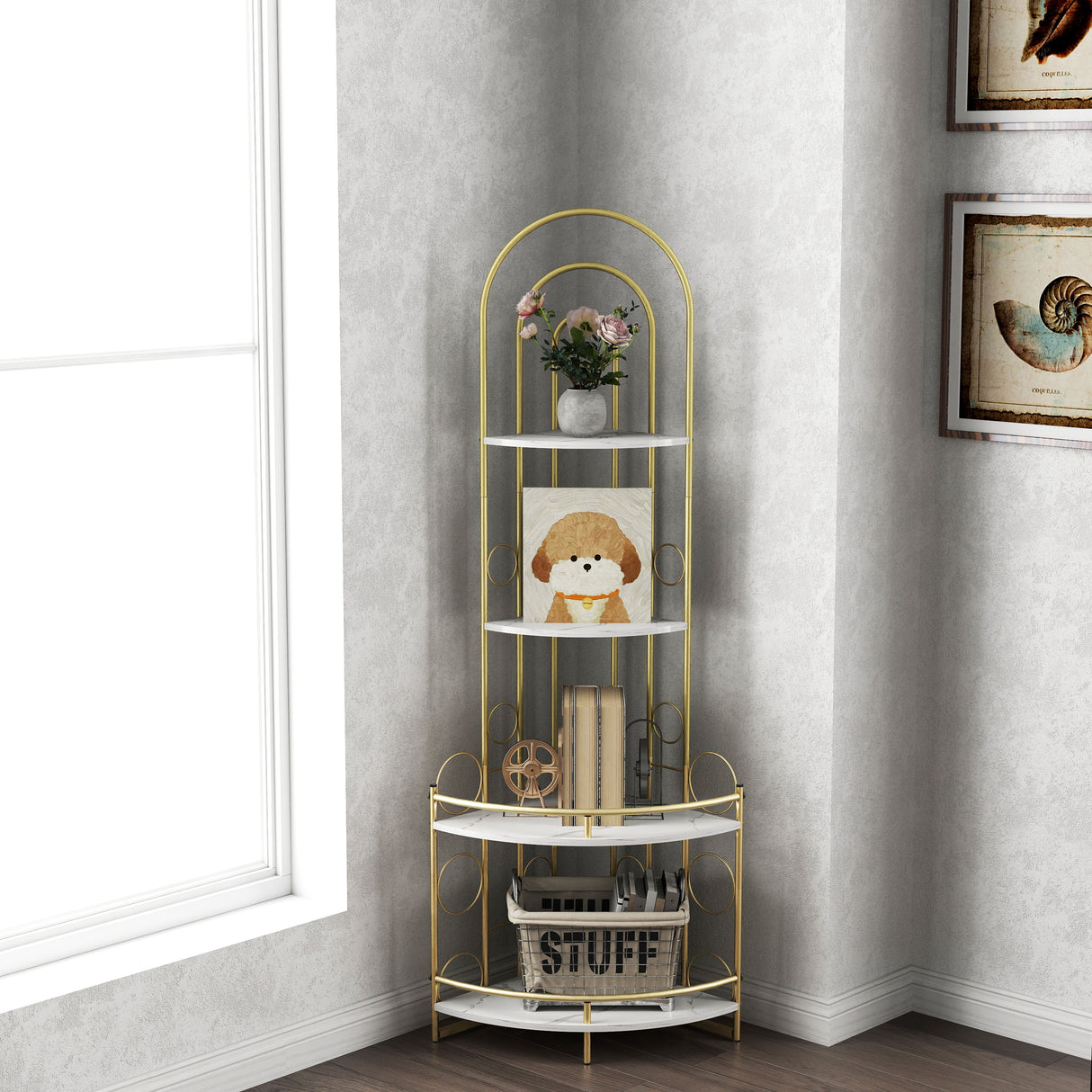 Gold 4-Tier Corner Bookshelf, Modern Style, Plant Stand with Metal Frame - V.I.P Digital Presence