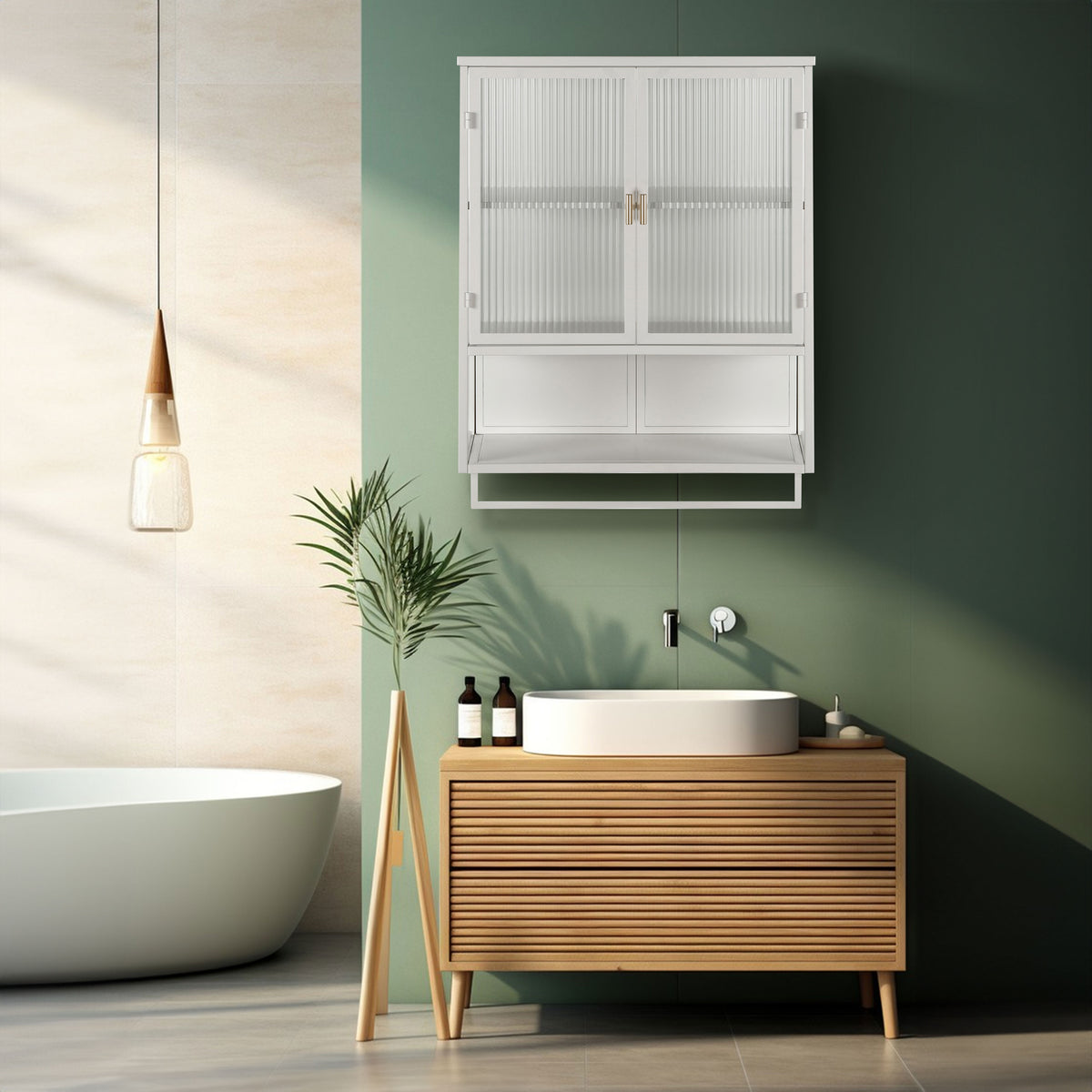23.62"Glass Doors Modern Two-door Wall Cabinet with Featuring Two-tier Enclosed Storage an Open Shelf and Towel Rack