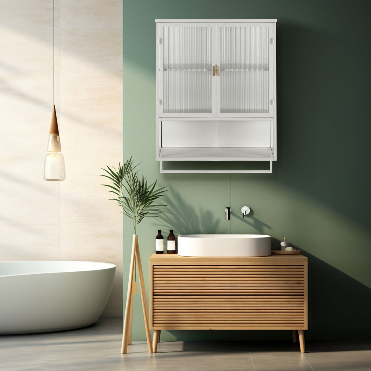 23.62"Glass Doors Modern Two-door Wall Cabinet with Featuring Two-tier Enclosed Storage an Open Shelf and Towel Rack