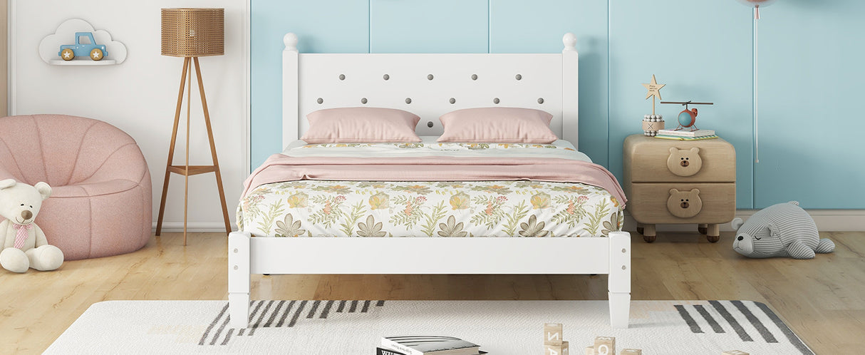 Twin Bed with Button-Decoration Headboard, with Bed Slats,White - V.I.P Digital Presence