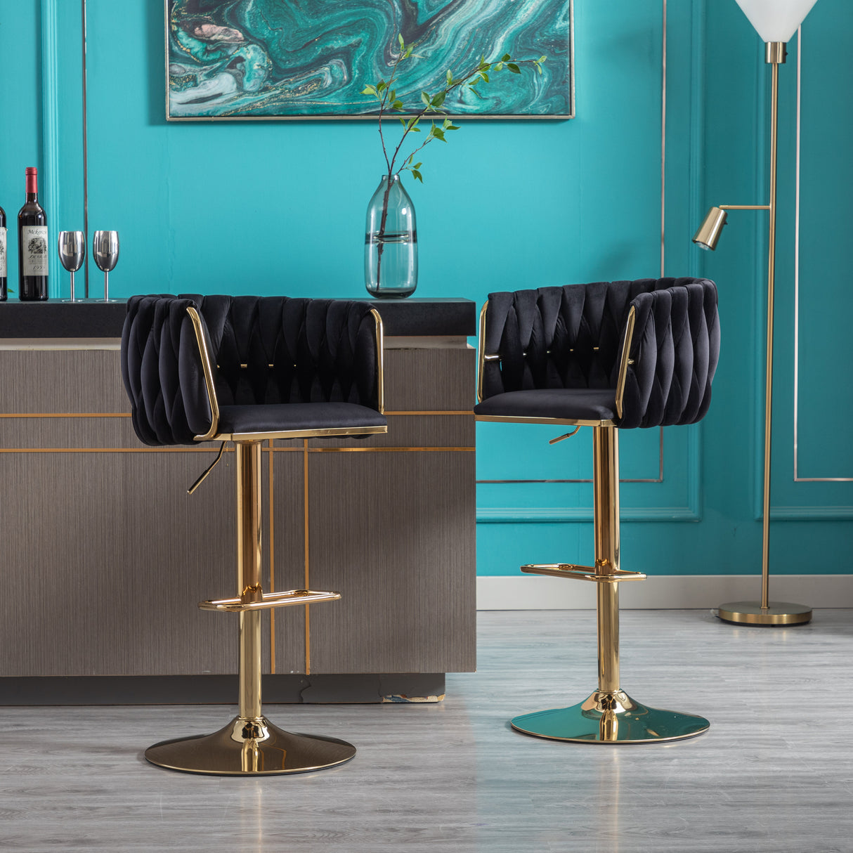 Set of 2 Bar Stools with Chrome Footrest and Base Swivel Height Velvet + Golden Leg Simple Bar Stool-Black