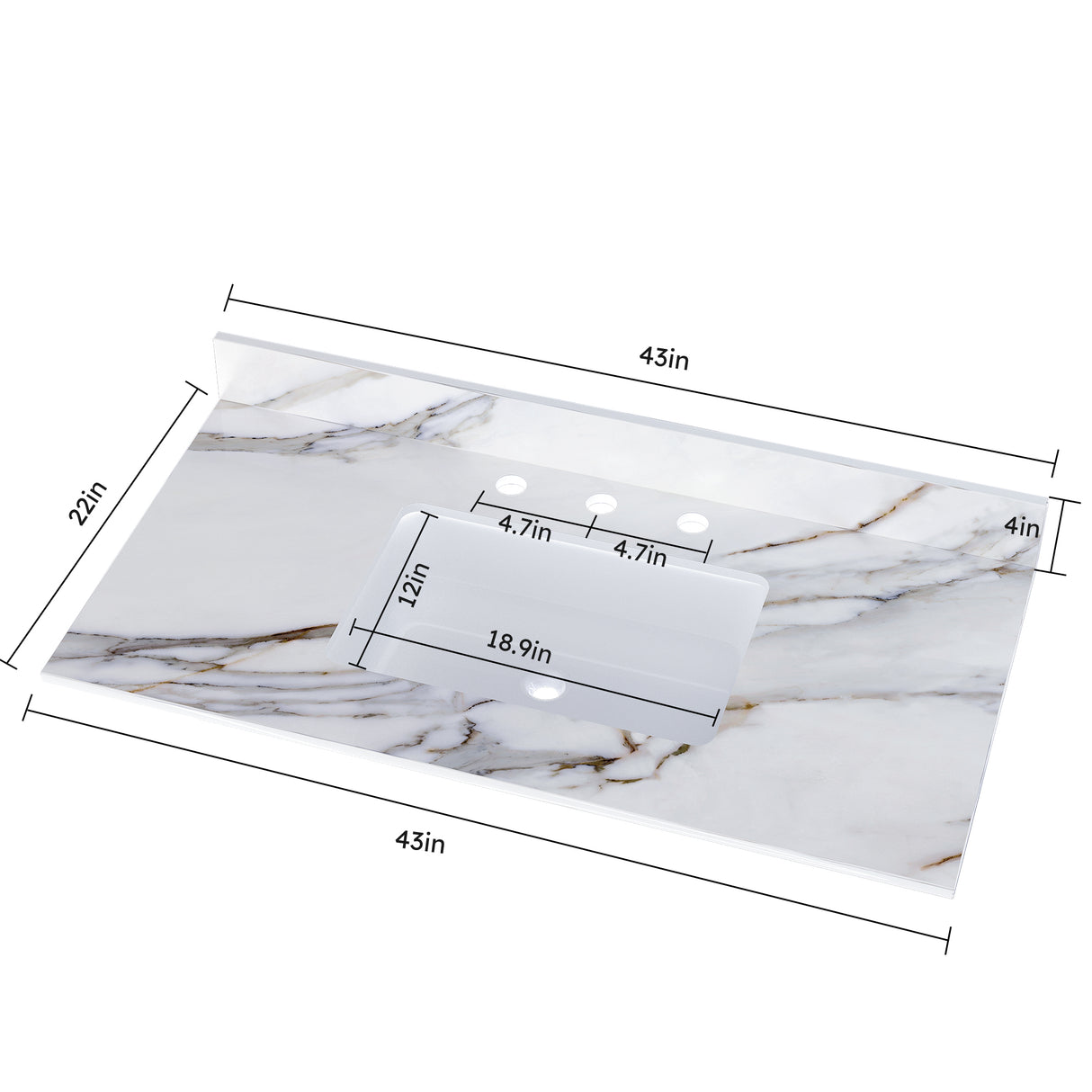 43 inch marble countertop with base rectangular central sink and 4-inch high splash guard, pre drilled 8-inch faucet hole ,white - V.I.P Digital Presence