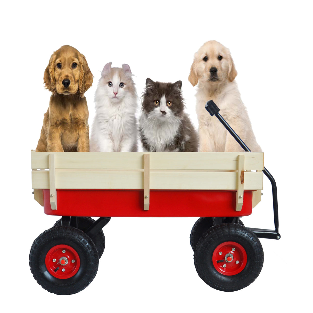 Outdoor Wagon All Terrain Pulling w/Wood Railing Air Tires Children Kid Garden(Red)