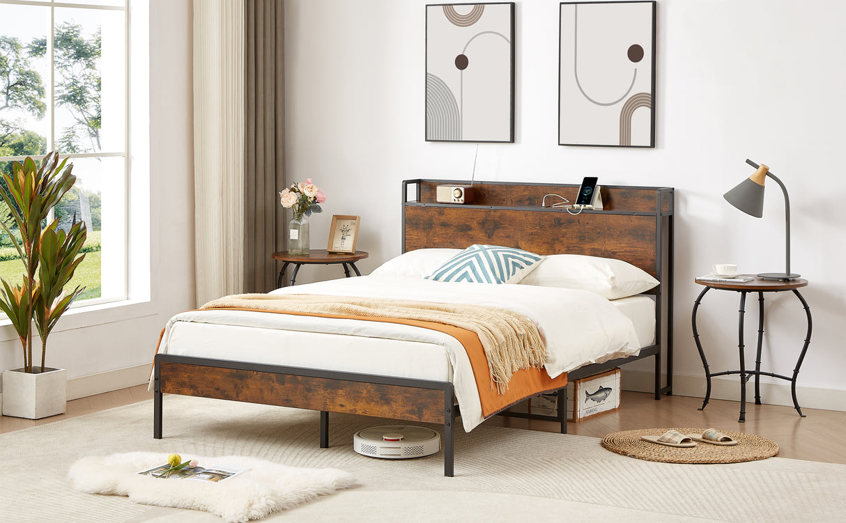Bed frame with charging station full size, Rustic Brown, 83.1'' L x 56.1'' W x 39'' H - V.I.P Digital Presence