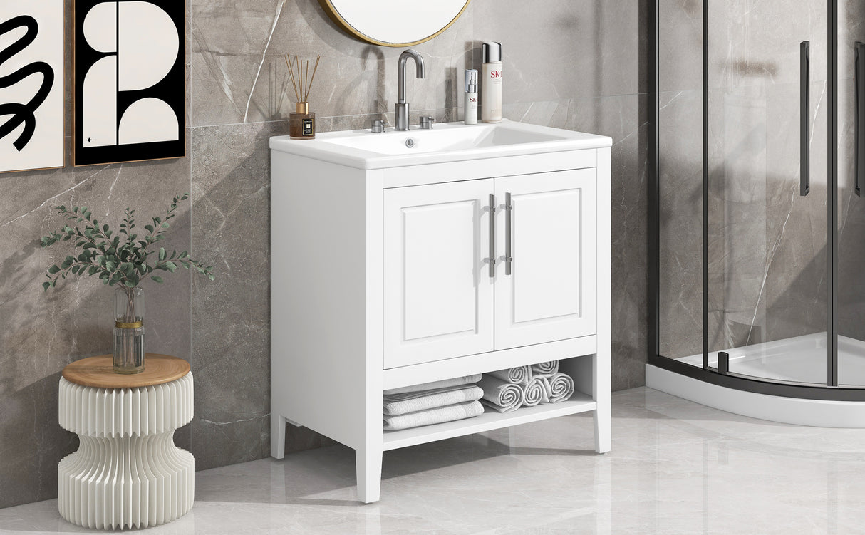 30" Bathroom Vanity with Sink Multi-functional Bathroom Cabinet with Doors and Drawers Solid Frame and MDF Board, White - V.I.P Digital Presence