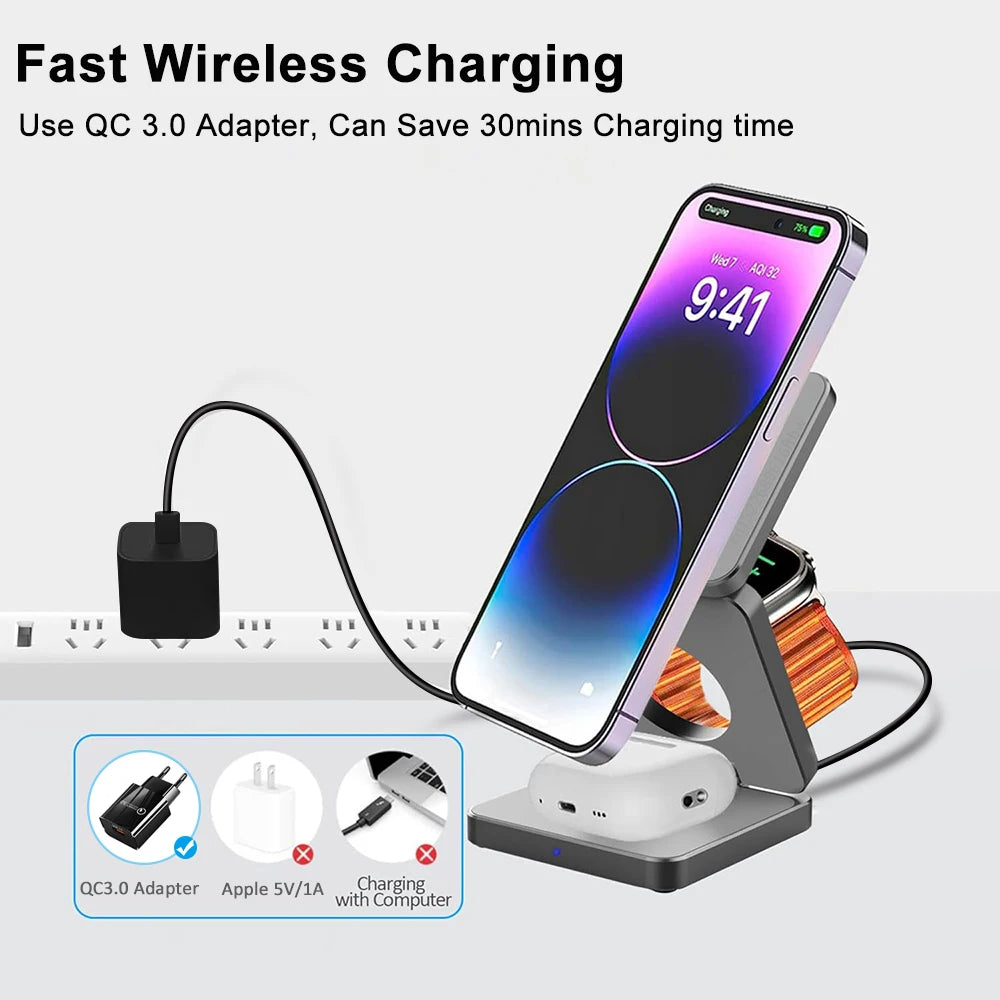Wireless Charger 3 in 1 Foldable Magnetic Wireless Charging Station for iPhone 15 14 13 12 Pro Max Apple Watch 8 9 Charger - V.I.P Digital Presence