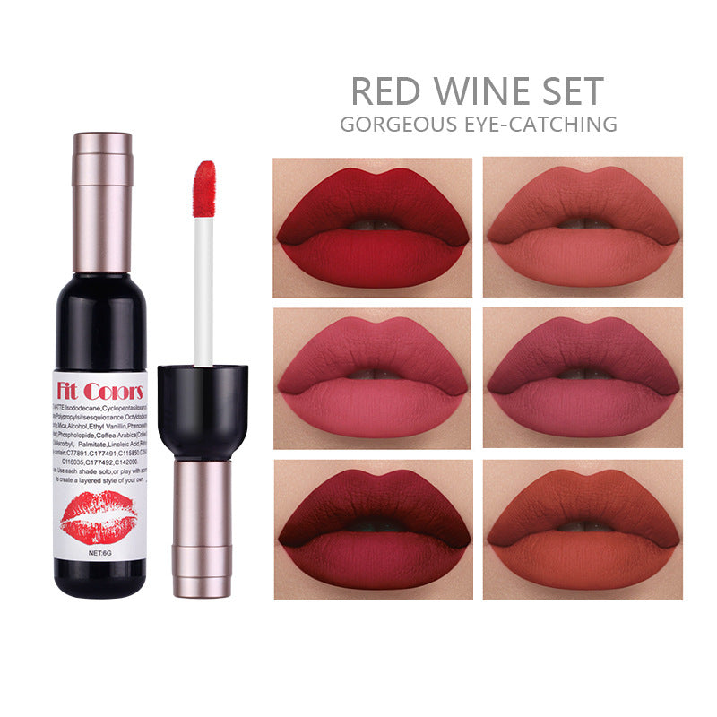 Fit Colors Red Wine Bottle Non Stick Cup Matte Lip Gloss Fog Face Velvet Lip Gloss Liquid Lipstick 6 Pcs Set - V.I.P Digital Presence