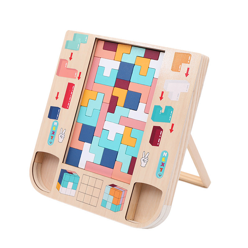 Juego de rompecabezas de pensamiento espacial multifuncional de iluminación para niños de madera, bloques de construcción tres en uno Tetris