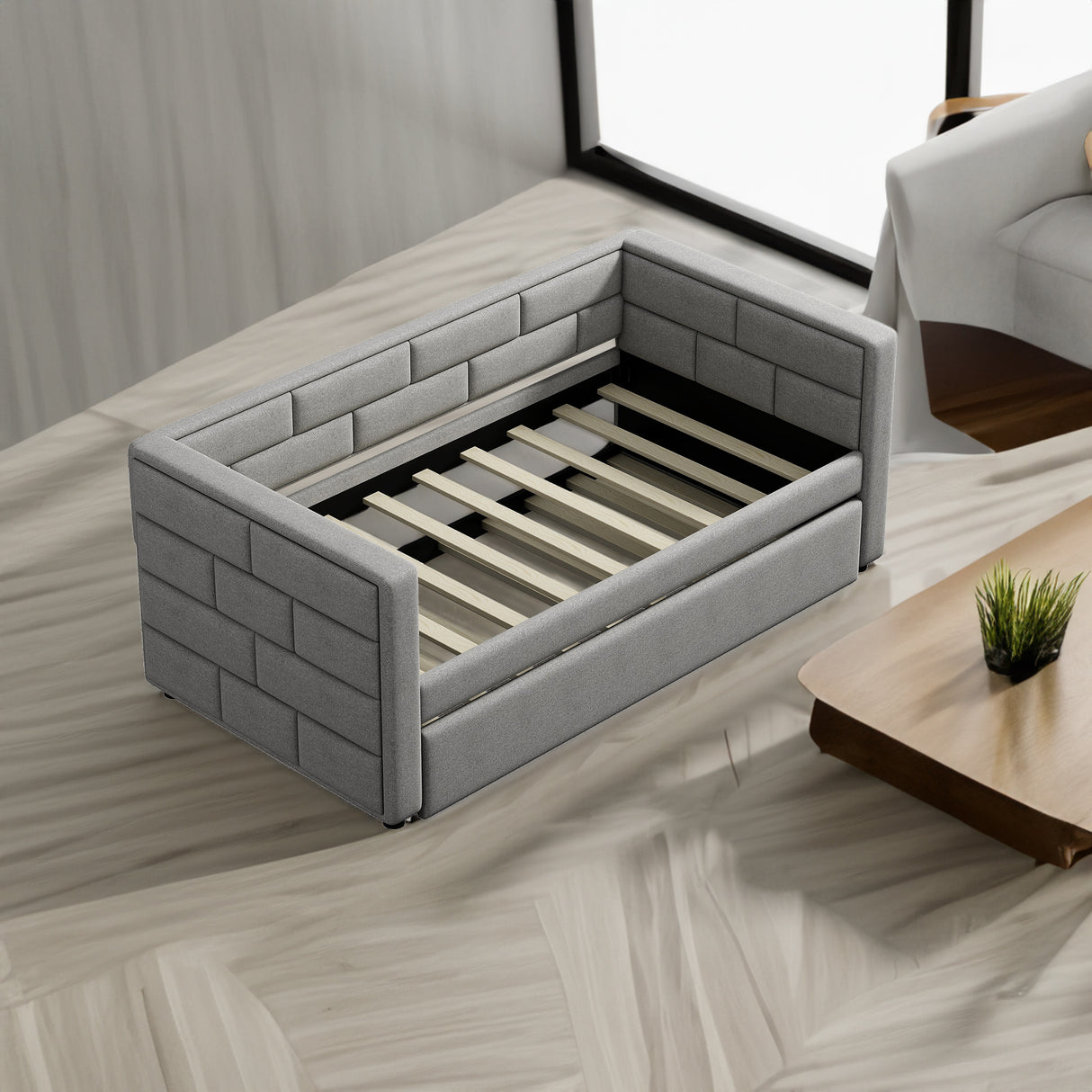 Twin Size Daybed with Trundle Upholstered Daybed with Padded Back Gray