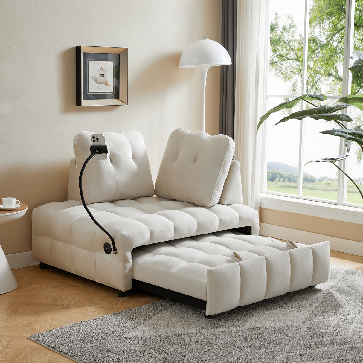 Modern sofa velvet pull-out bed,Independently removable backrest, have USB port and swivel phone stand ,beige - V.I.P Digital Presence