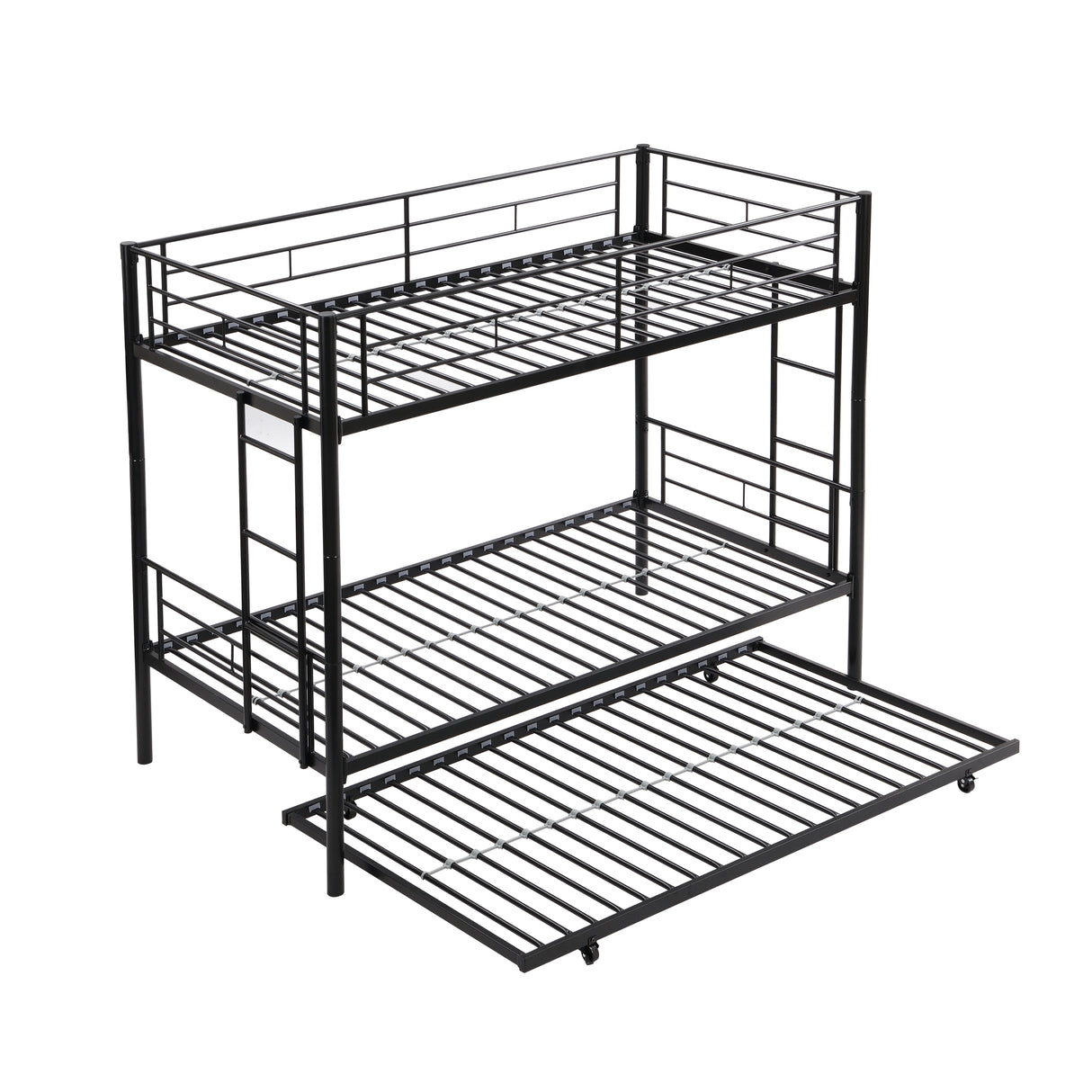 Twin bunk bed frame with trailer, metal bunk bed with sturdy guardrail and side ladder, can be divided into two beds, black - V.I.P Digital Presence