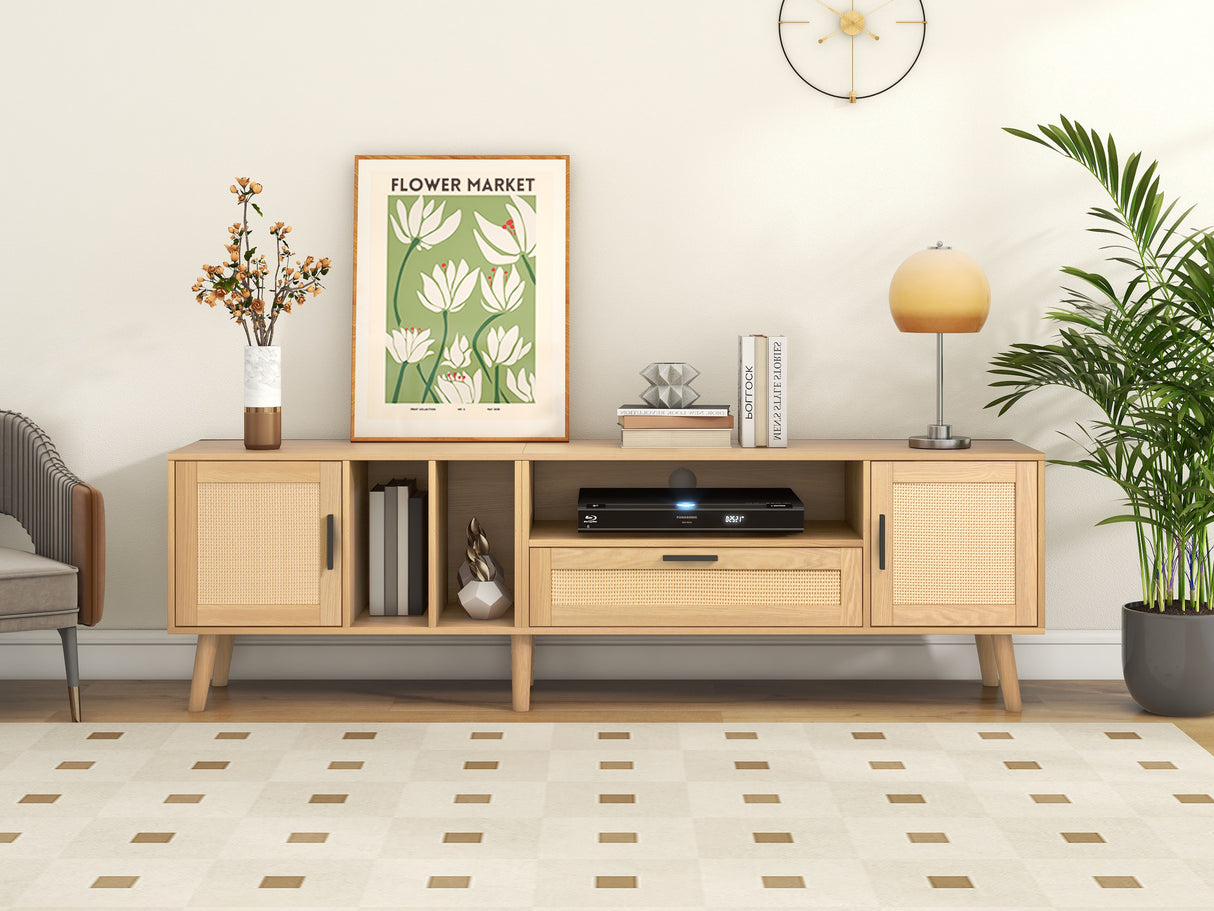 Vine TV stand with 2 cabinets and 2 open shelves, suitable for TVs under 80 inches, with solid wood legs for TV cabinets - V.I.P Digital Presence