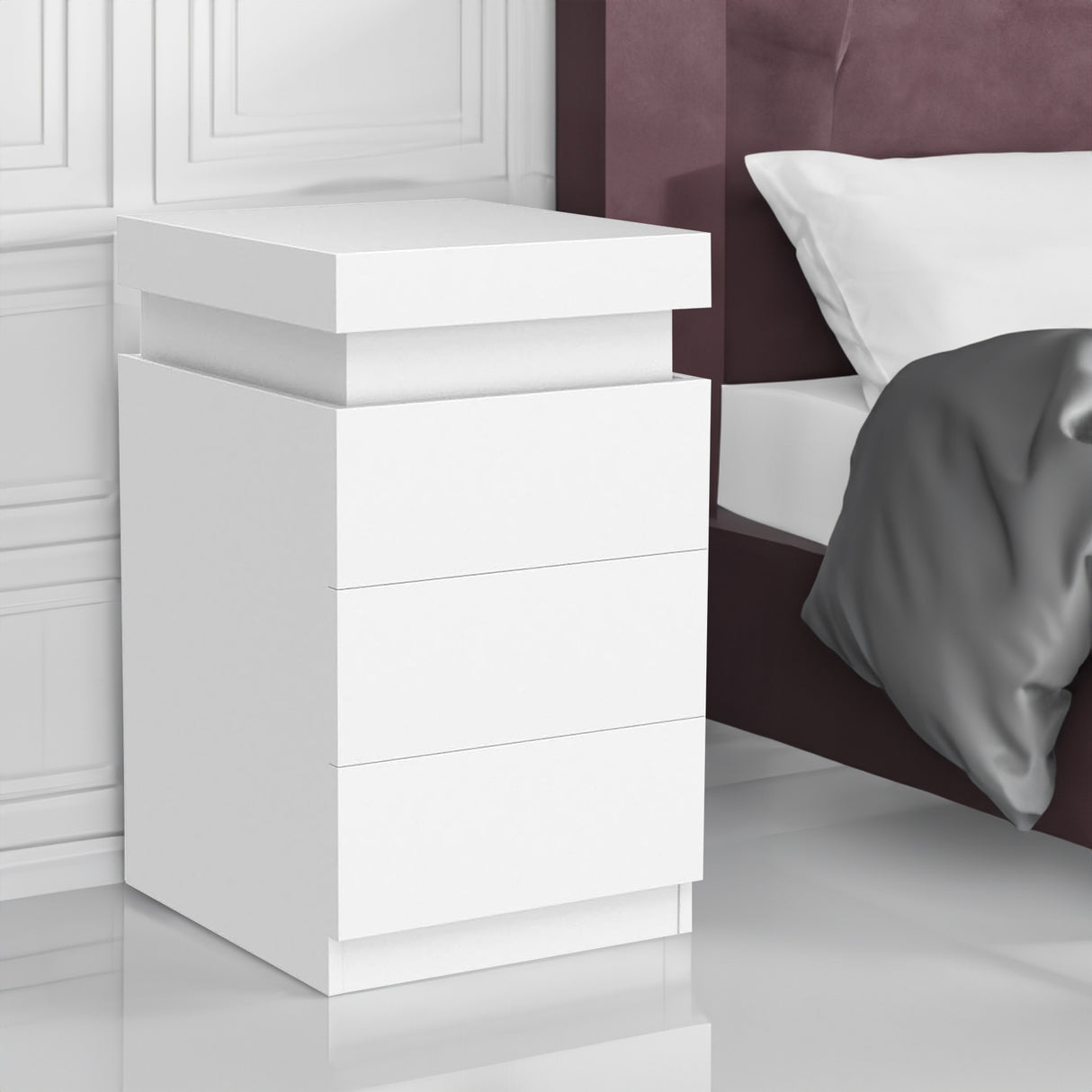 LED White Nightstand With 3 Drawers, Modern Multi-Colour LED Night Table Bedside Tables for Bedroom, Living Room - V.I.P Digital Presence