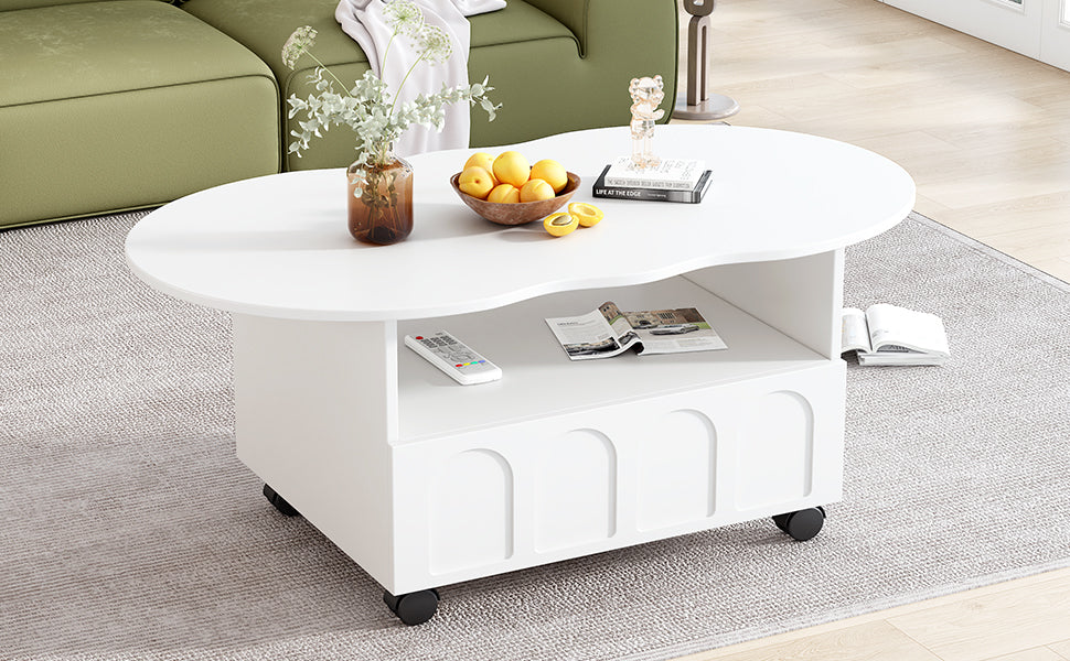 ON-TRANS flexible cream style coffee table with 2 brake wheels, drawers, large storage space, white, 39.37 '' x 23.6 '' - V.I.P Digital Presence