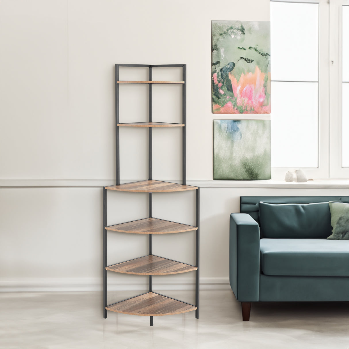 6-story corner open bookshelf modern bookshelf wooden frame independent bookshelf unit, country brown - V.I.P Digital Presence