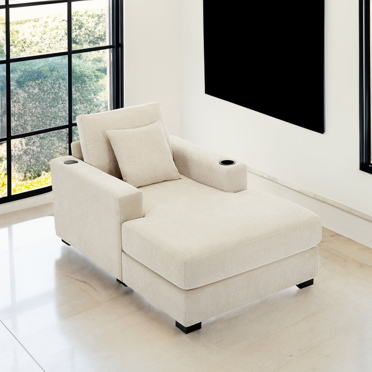 39.7" Oversized Chaise Lounger Modern Style Sofa Couch ,with Pillows, Charge Station & Cup Holders, Chenille Fabric, Cream - V.I.P Digital Presence