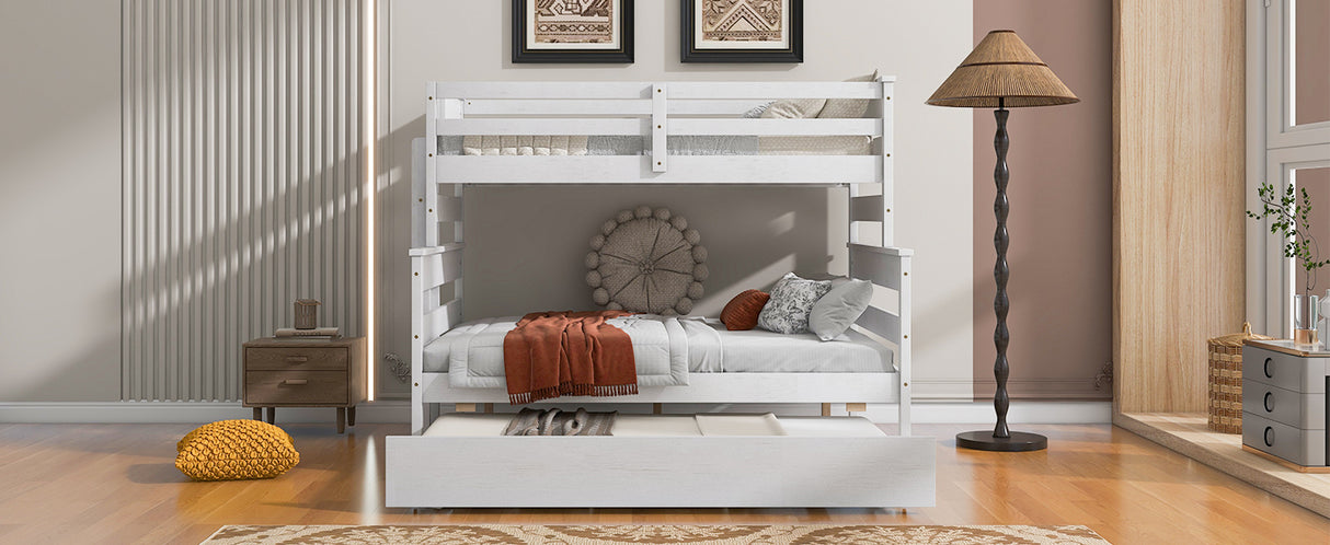 Wood Twin over Full Bunk Bed with Twin Size Trundle White